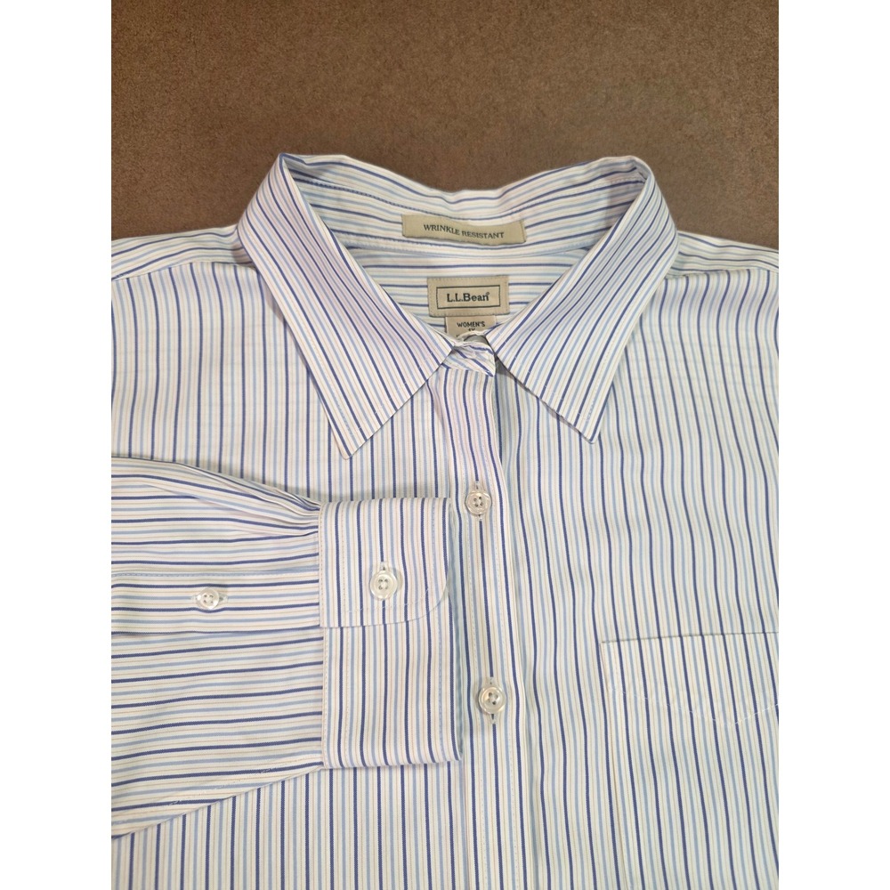 LL Bean Womens 1X Wrinkle Resistant Cotton Striped Button Down Shirt Blue OWJ03